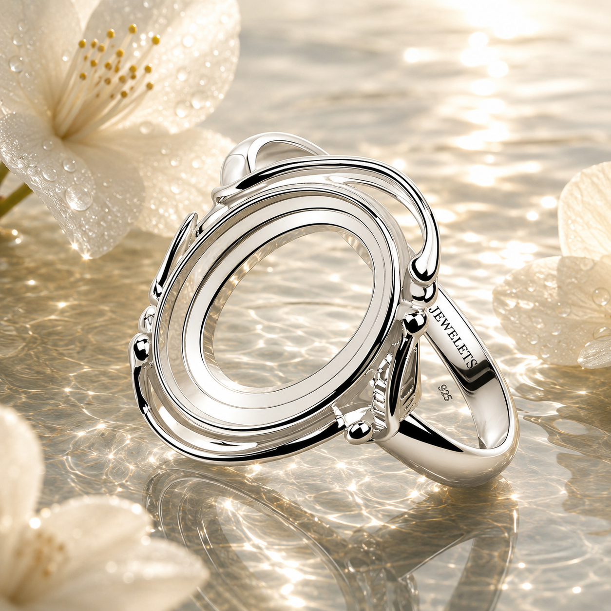 Sterling Silver 10x14mm Ring Setting Blank – Large Oval Bezel, Art Nouveau Leaf & Scroll Frame