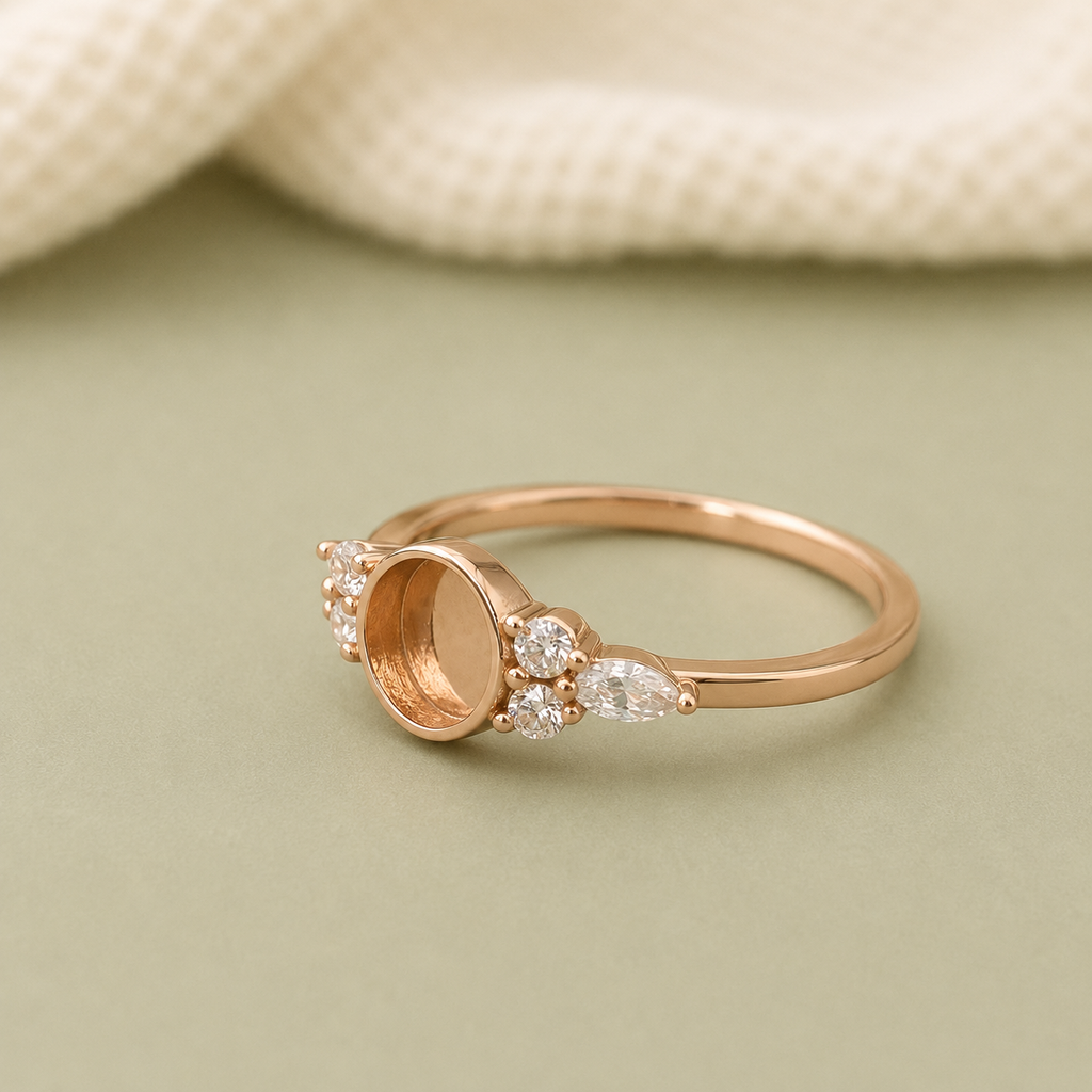 925 Sterling Silver Round Ring Setting – rose gold close up showing open bezel and CZ accents