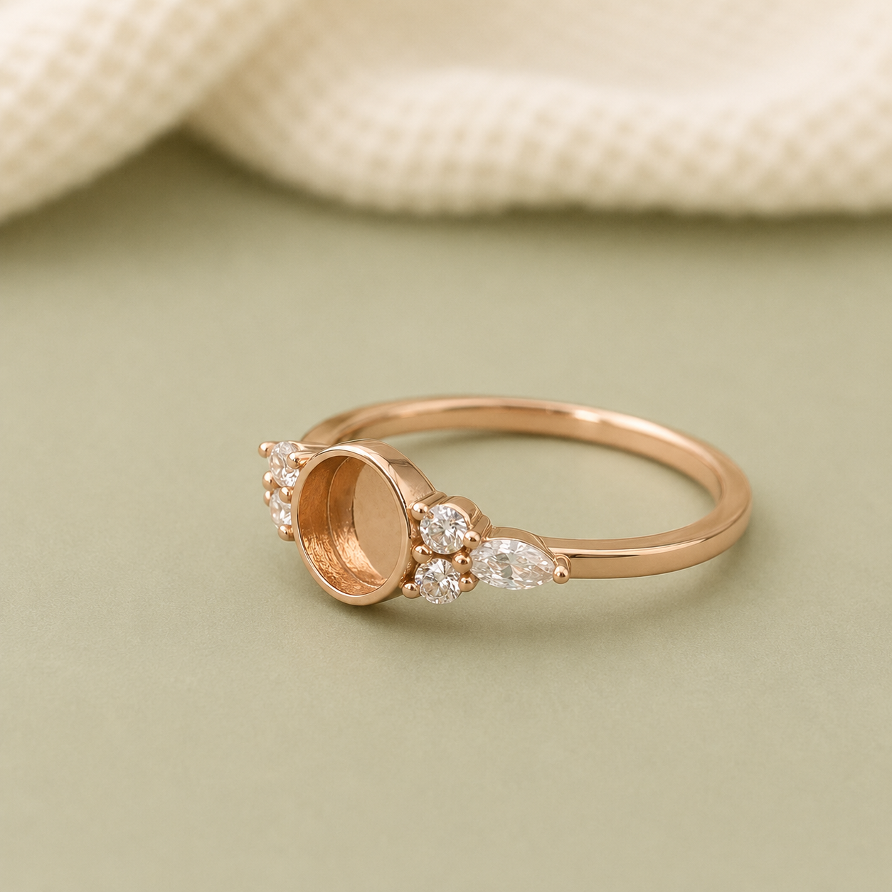 925 Sterling Silver Round Ring Setting – rose gold close up showing open bezel and CZ accents