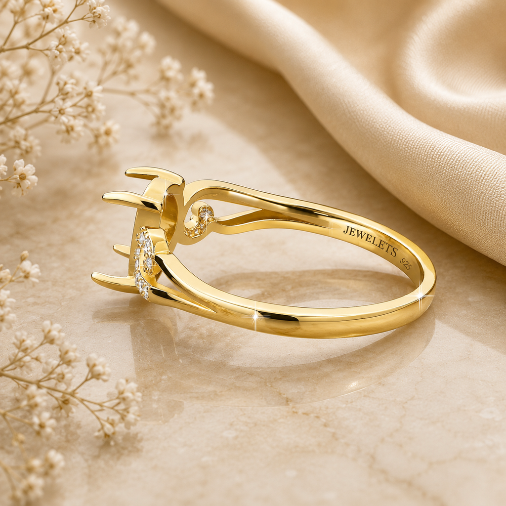 Gold Plated Sterling Silver Ring Setting Blank – 7x9mm Oval Prong, CZ Scroll Side Stones