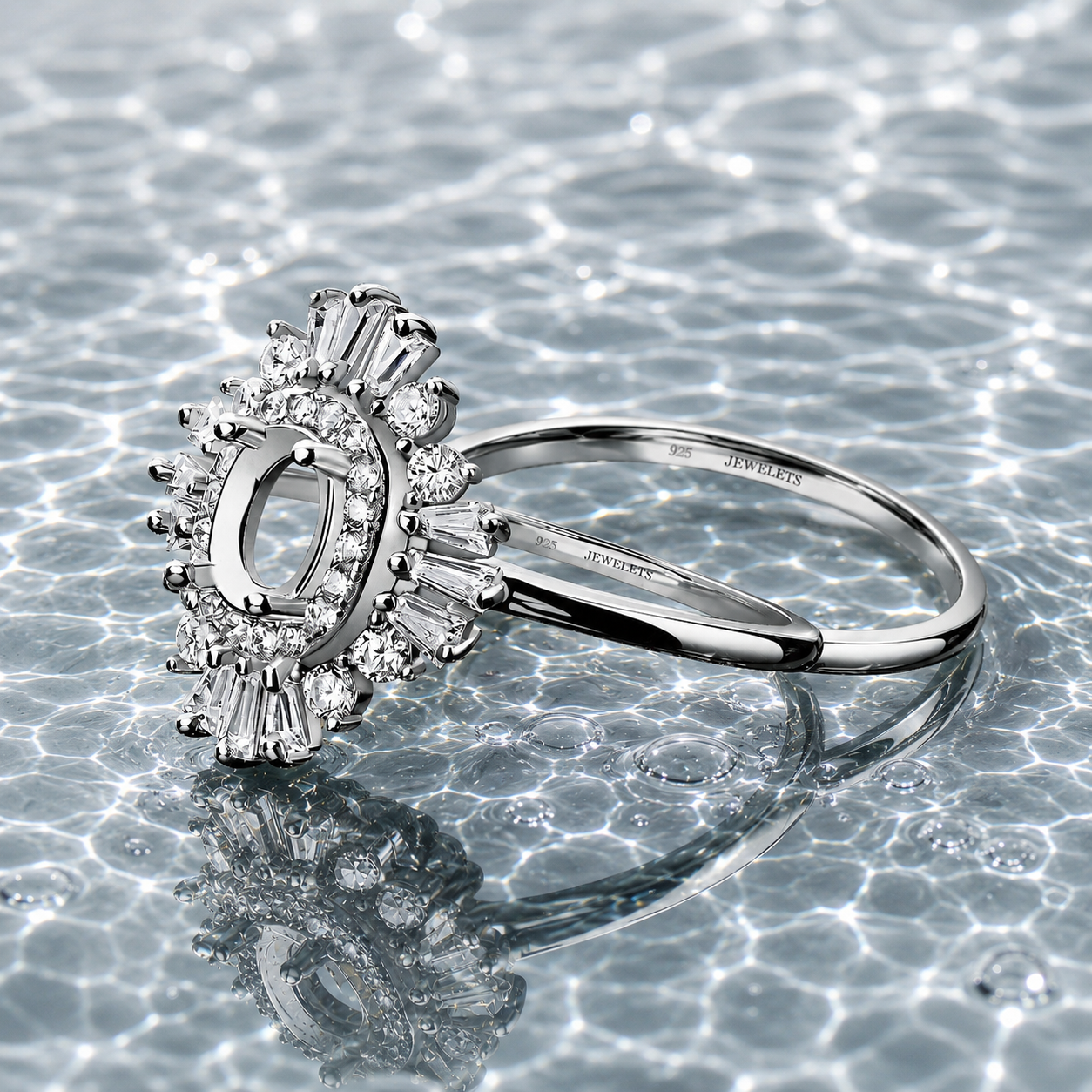 Rhodium Plated Silver Ring Blank: 6x8mm Halo Cubic Zirconia