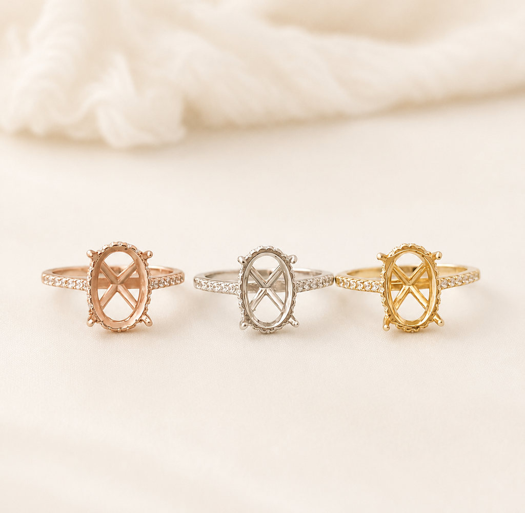 925 Sterling Silver Halo Oval Ring Setting in rose gold, silver, and gold – all three colors