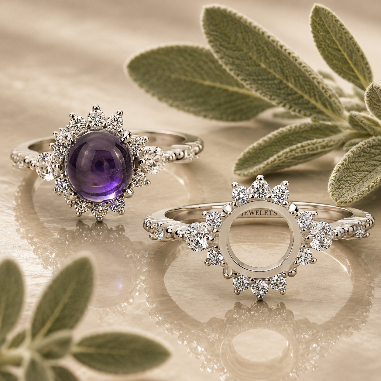 Sterling Silver 8mm Round Ring Setting Blank – Rhodium Plated Starburst CZ Halo, Beaded Band