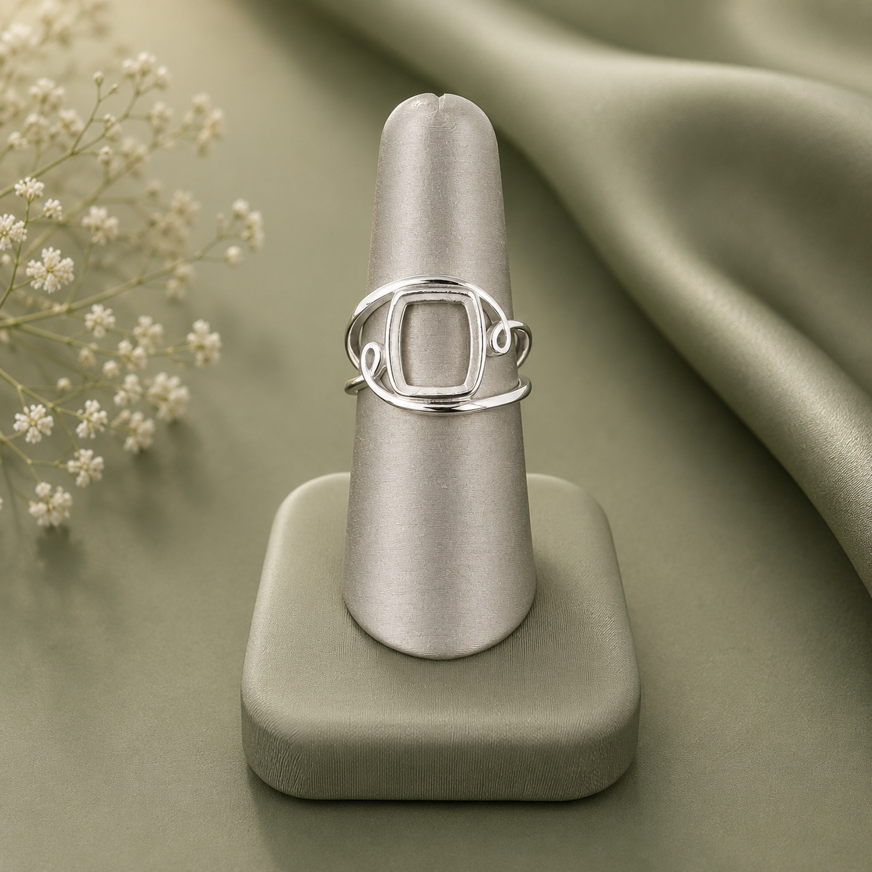 Sterling Silver Statement Ring Setting Blank – 10x12.4mm Cushion Bezel, Open Wire-Wrap Scroll Band