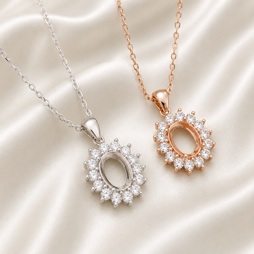 925 Sterling Silver Halo Oval Blank Necklace Setting – Silver and Rose Gold open blanks on cream background
