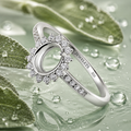 925 Sterling Silver Ring Blank – 8mm Round Sunburst CZ Halo, Pavé Band, Rhodium Plated Semi Mount