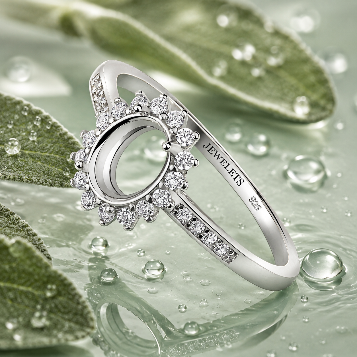 925 Sterling Silver Ring Blank – 8mm Round Sunburst CZ Halo, Pavé Band, Rhodium Plated Semi Mount