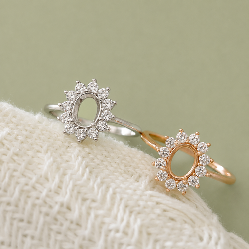 925 Sterling Silver Halo Oval Ring Setting in silver and rose gold – front view showing sunflower CZ halo