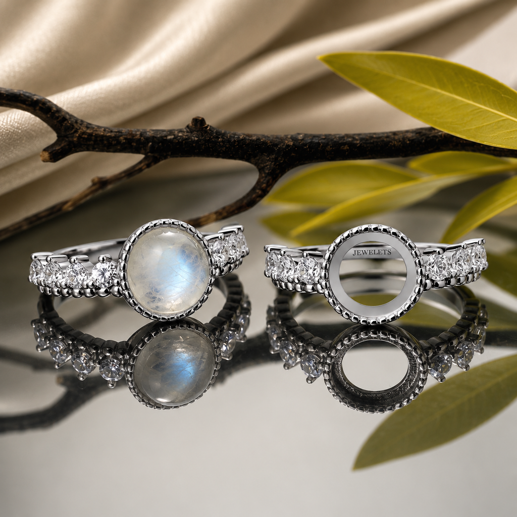 925 Sterling Silver Ring Blank – 8mm Round Full Milgrain Beaded Halo Bezel, Graduating CZ Band, Rhodium Plated Semi Mount