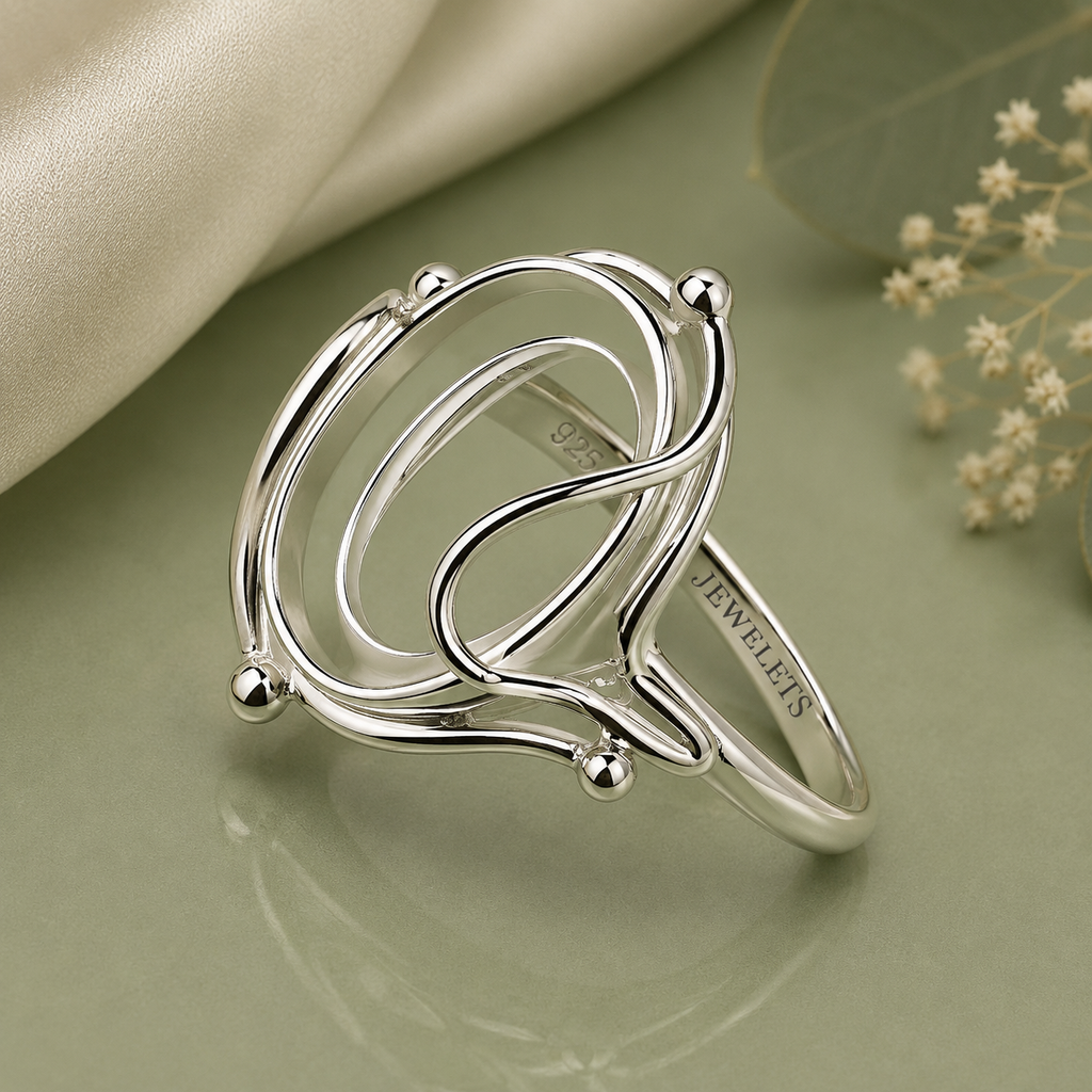 925 Sterling Silver Ring Blank – 10x14mm Oval Bezel Setting, 4-Prong Ball Tips, Infinity Twist Open-Band, Semi Mount