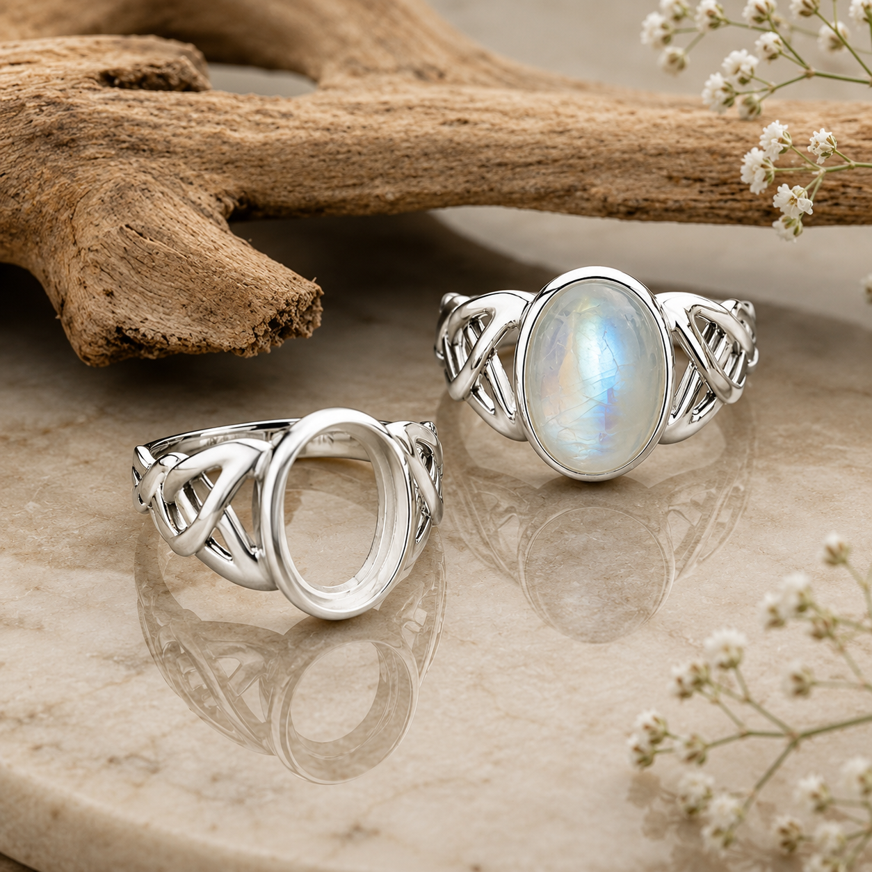 Sterling Silver Celtic Ring Setting Blank – 10x8mm Oval Bezel, Rhodium Plated