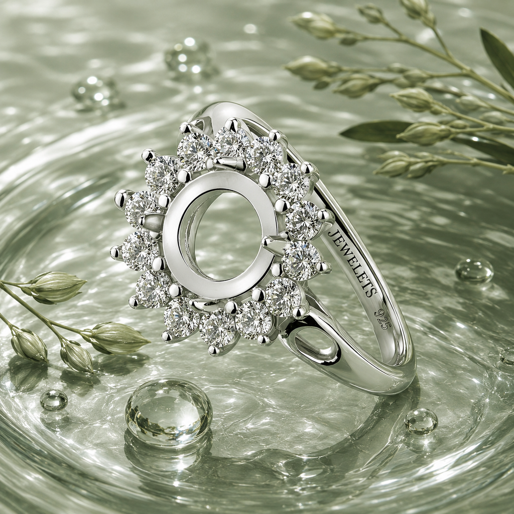 925 Sterling Silver Ring Blank – 8mm Round Prong Setting, Large-Stone Sunburst CZ Halo, Open Scroll Bypass Shoulders, Rhodium Plated Semi Mount