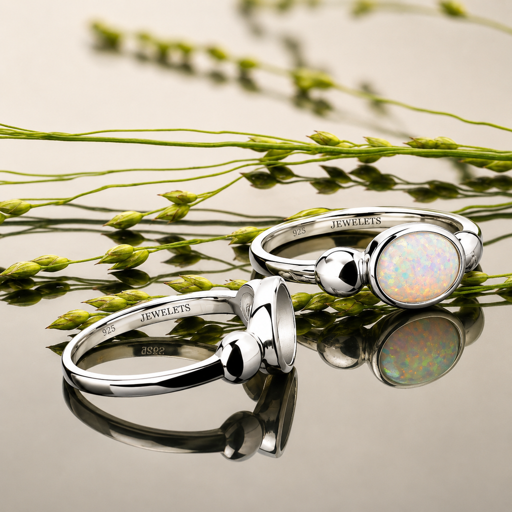 925 Sterling Silver Ring Blank – 6x8mm Oval Bezel Setting, Polished Ball Shoulders, Rhodium Plated Semi Mount