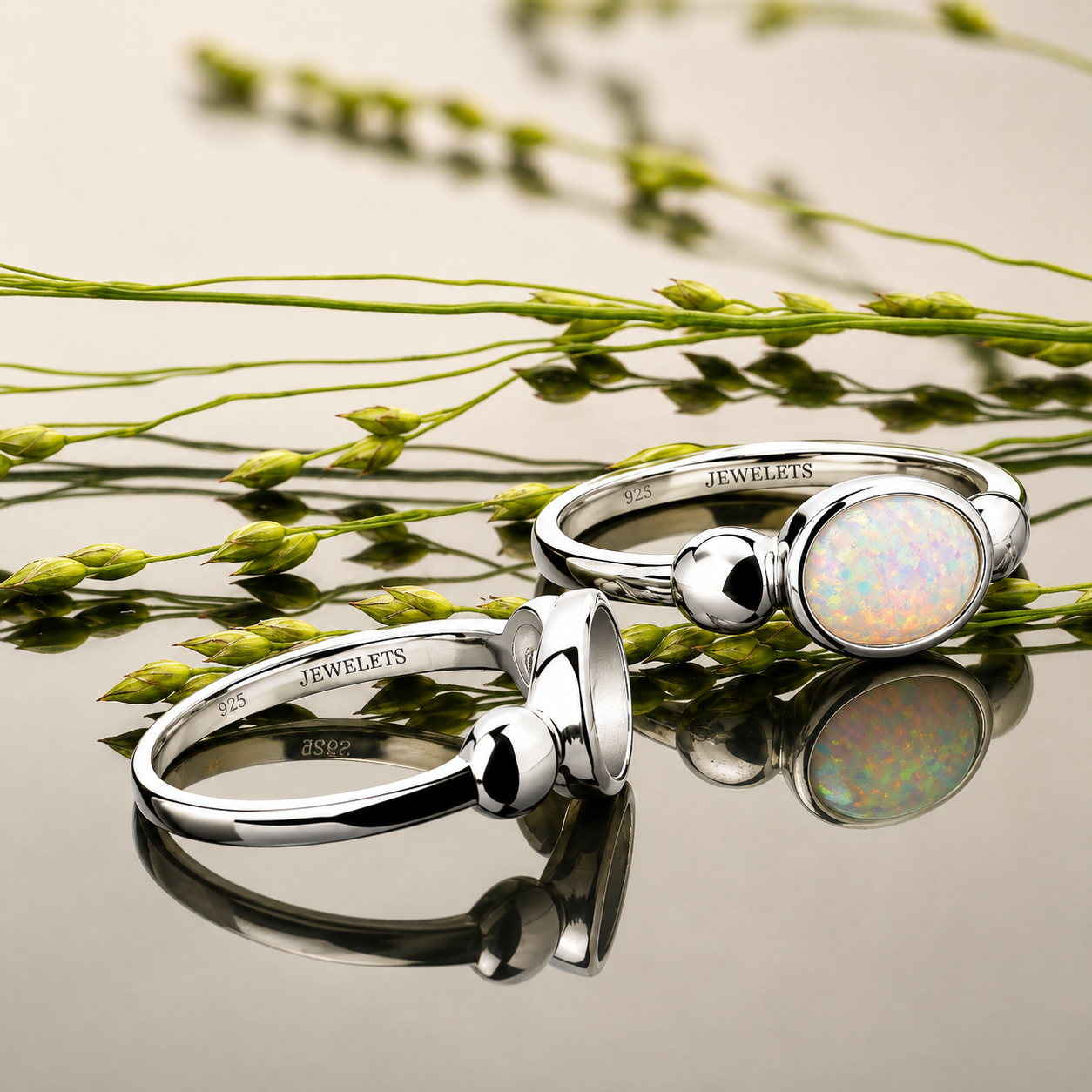 925 Sterling Silver Ring Blank – 6x8mm Oval Bezel Setting, Polished Ball Shoulders, Rhodium Plated Semi Mount