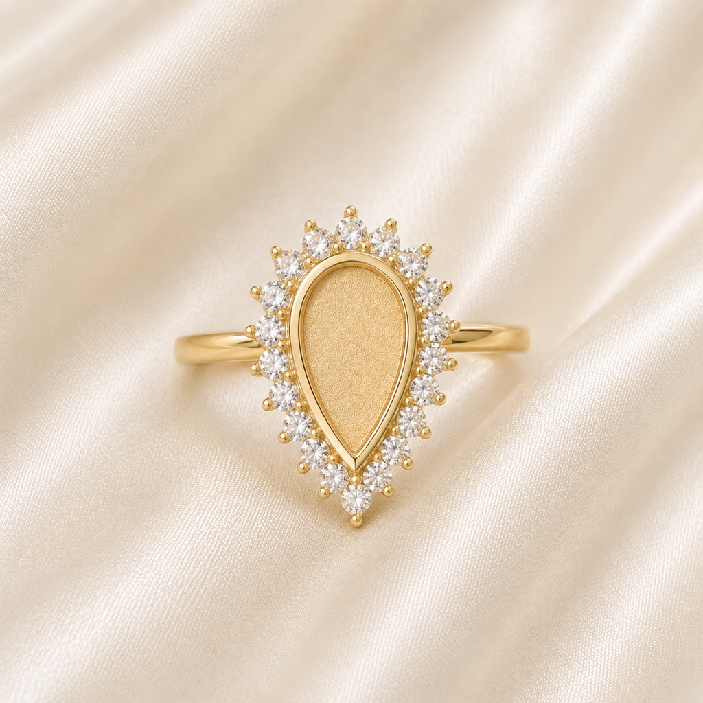 925 Sterling Silver Halo Teardrop Ring Setting – Rose Gold with resin inclusion