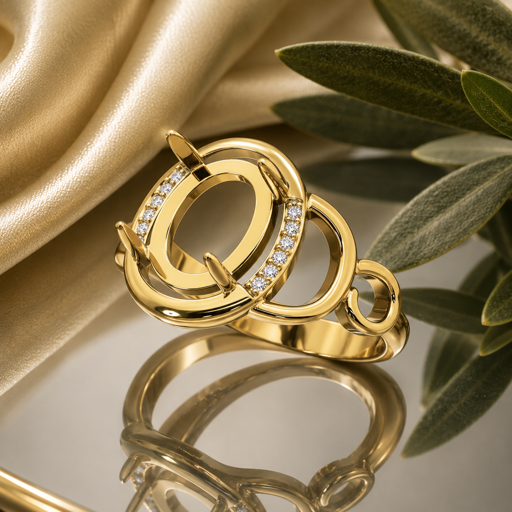 925 Sterling Silver Ring Blank – 9x7mm Oval Sculptural Double-Orbit Frame, Pavé CZ Arc, Scroll Band, Semi Mount (Silver & Gold Plated)