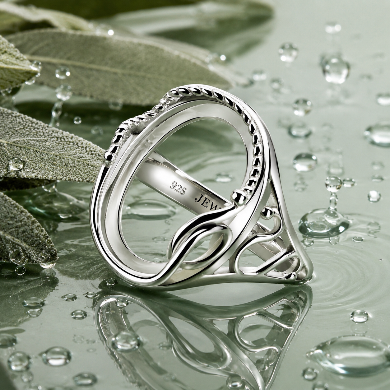 925 Sterling Silver Ring Blank – 10x14mm Oval Cabochon Bezel, Rope-Twist Frame, Celtic Trinity Open-Work Band, Rhodium Plated