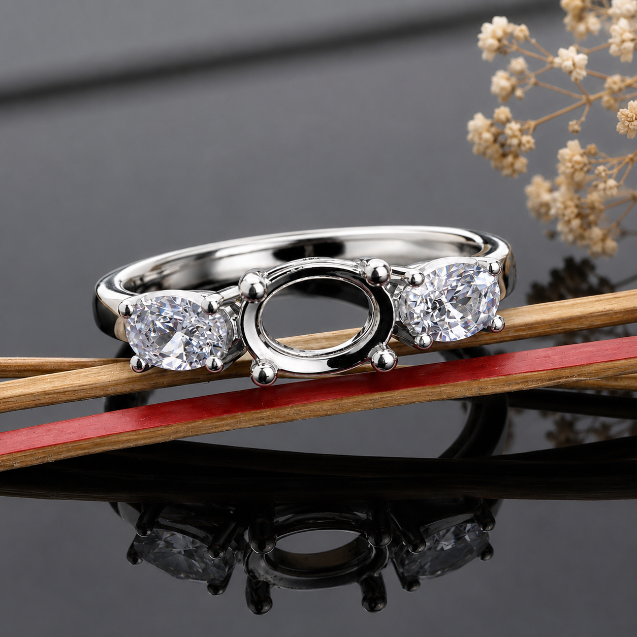 925 Sterling Silver Ring Blank – 6x8mm Oval Prong Center, 4x6mm Oval CZ Side Stones, Three-Stone Semi Mount