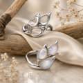 925 Sterling Silver Ring Blank – Four 6x4mm Pear Teardrop Bezel Cluster, Lotus Butterfly Design, Rhodium Plated Semi Mount