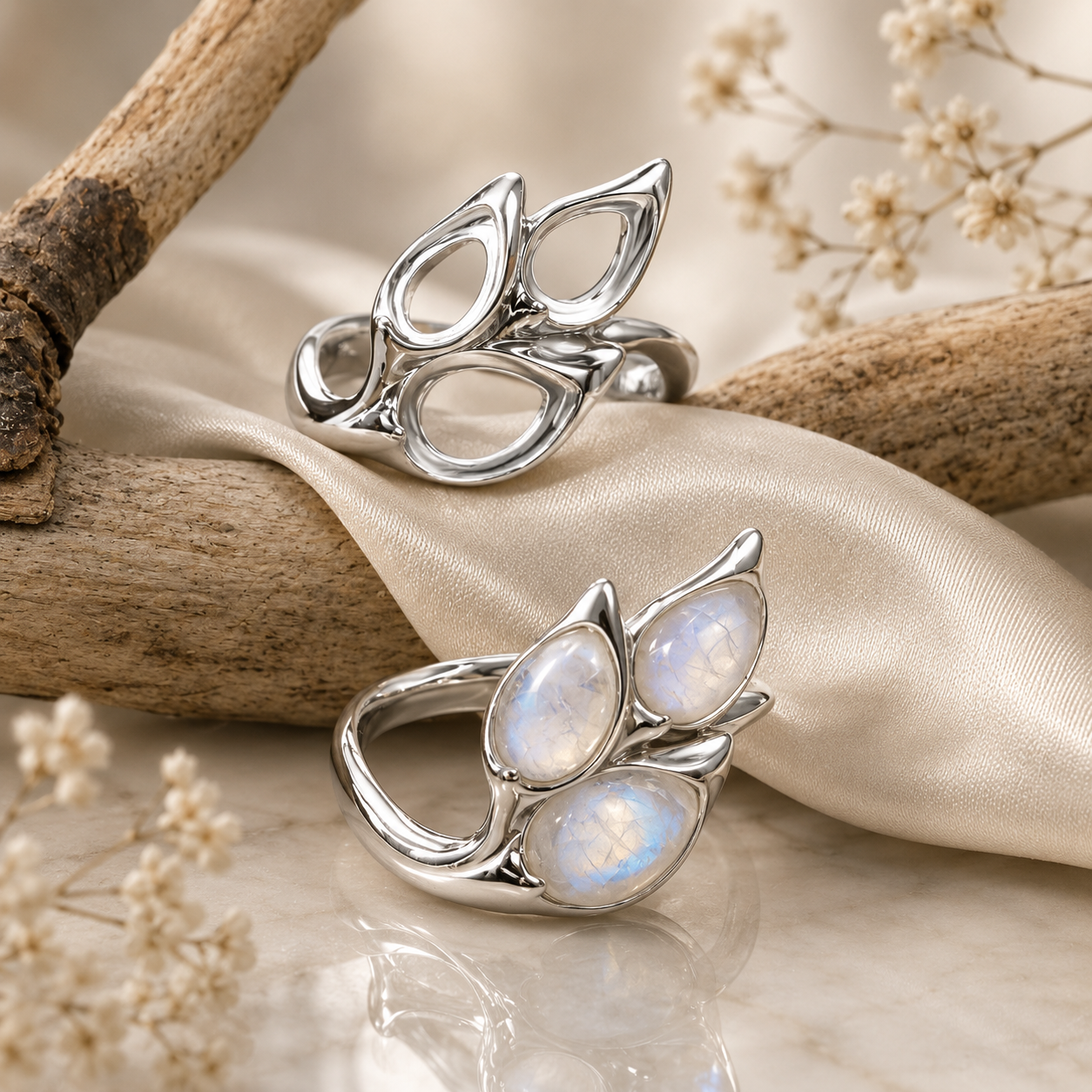 925 Sterling Silver Ring Blank – Four 6x4mm Pear Teardrop Bezel Cluster, Lotus Butterfly Design, Rhodium Plated Semi Mount