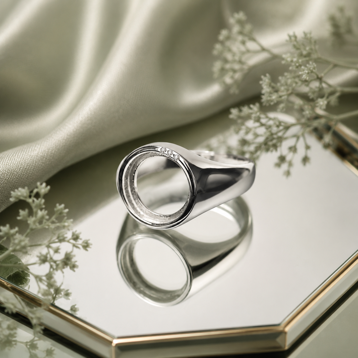 925 Sterling Silver Ring Blank – 12mm Round Signet Bezel, 3 Flush-Set CZ Accent Row, Chunky Tapered Band, Rhodium Plated Semi Mount