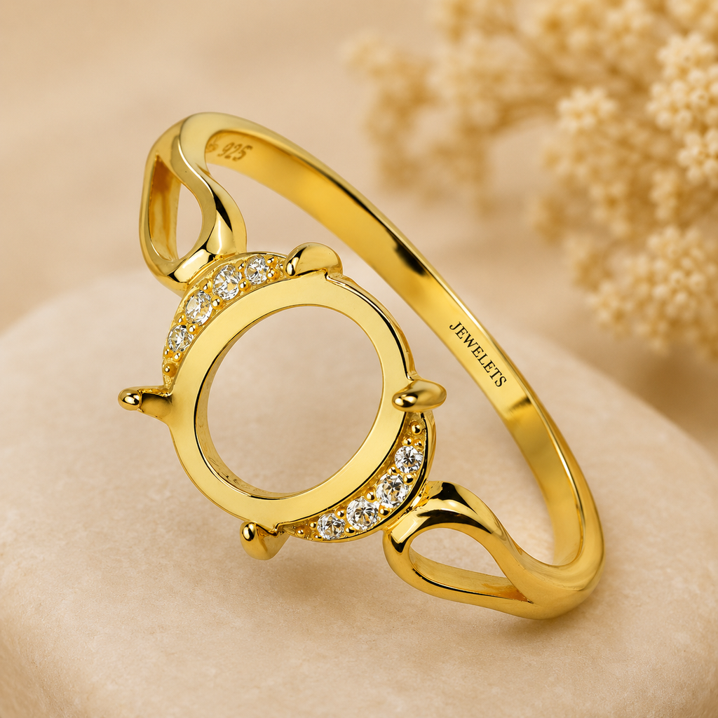 Gold Plated 925 Sterling Silver Ring Blank – 8x10mm Oval Cabochon, Crescent CZ Halo, Open Infinity Band Semi Mount
