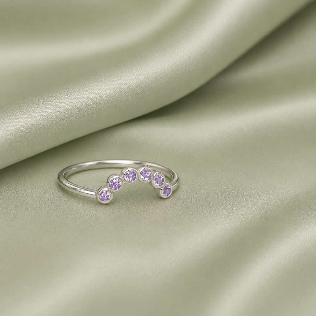 925 Sterling Silver curved bezel arc stacker ring with 6 lavender birthstone crystals on sage satin - full view
