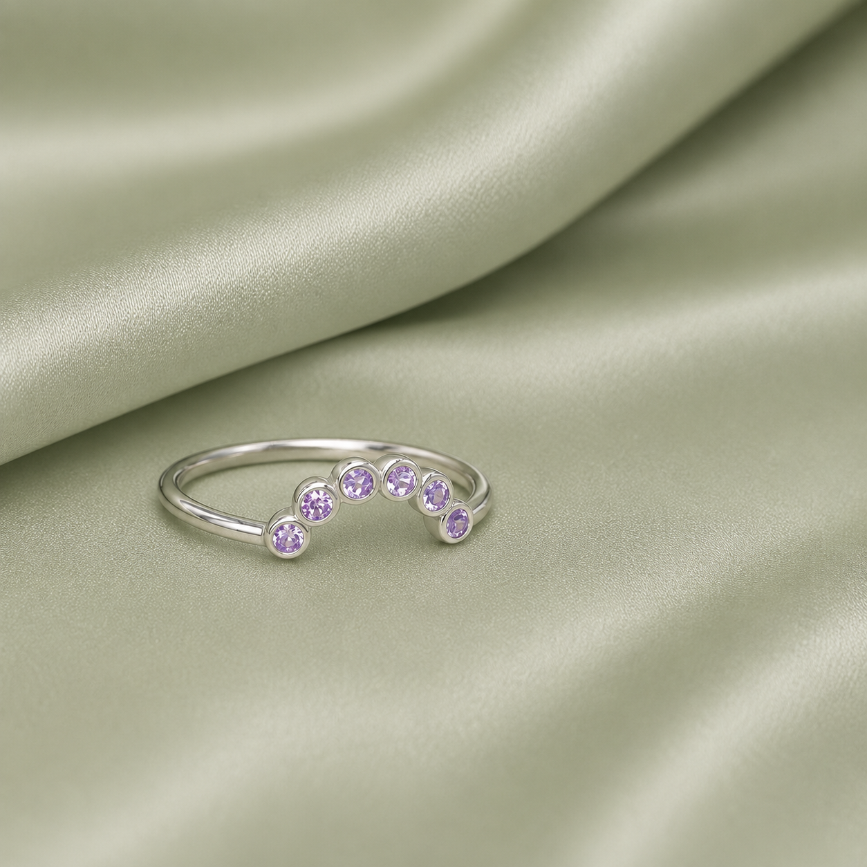 925 Sterling Silver curved bezel arc stacker ring with 6 lavender birthstone crystals on sage satin - full view