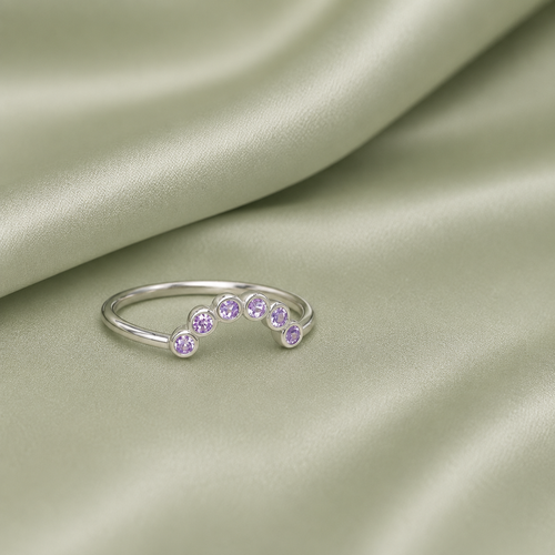 925 Sterling Silver curved bezel arc stacker ring with 6 lavender birthstone crystals on sage satin - full view