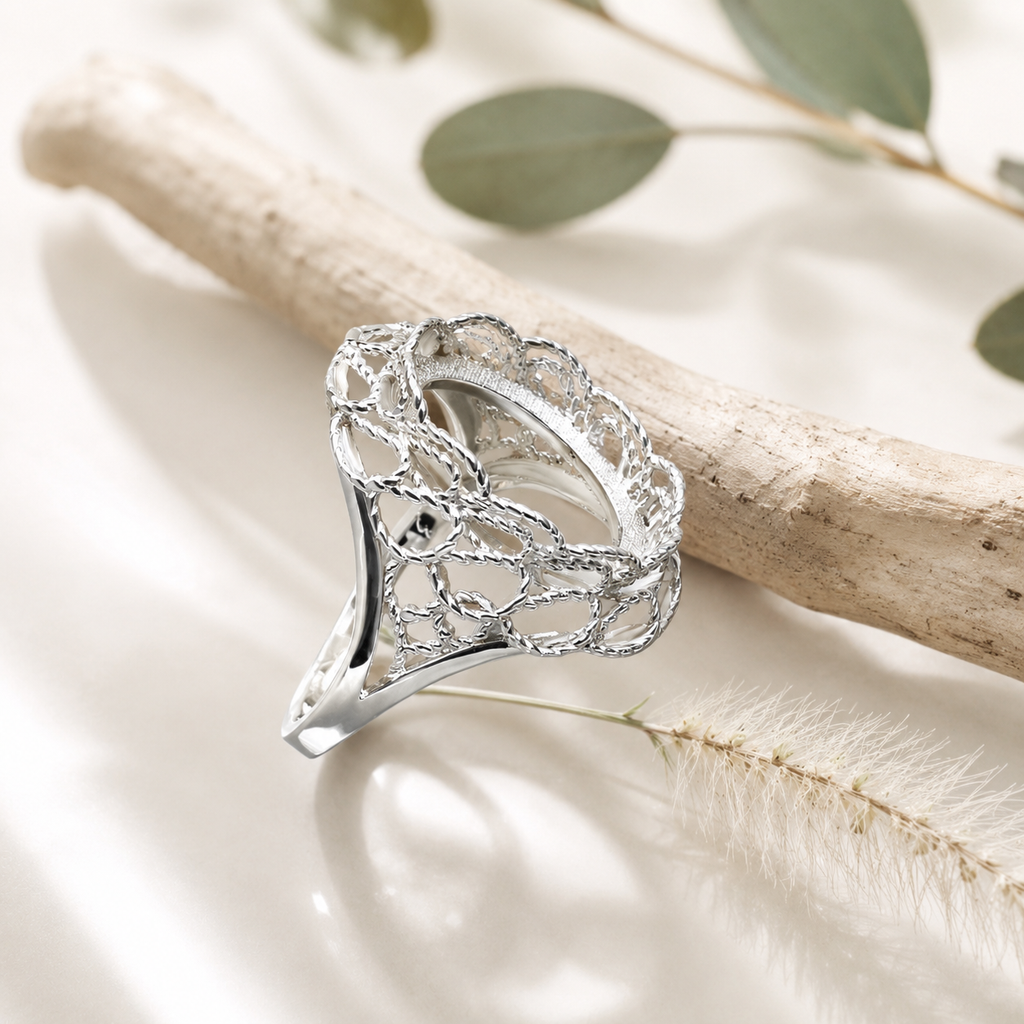 925 Sterling Silver Ring Blank – 12x16mm Large Oval Twisted Rope Filigree Lattice Frame, Wide Tapered Band, Cocktail Semi Mount