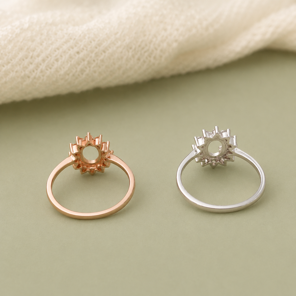 925 Sterling Silver Halo Oval Ring Setting in rose gold and silver – back view showing open oval bezel