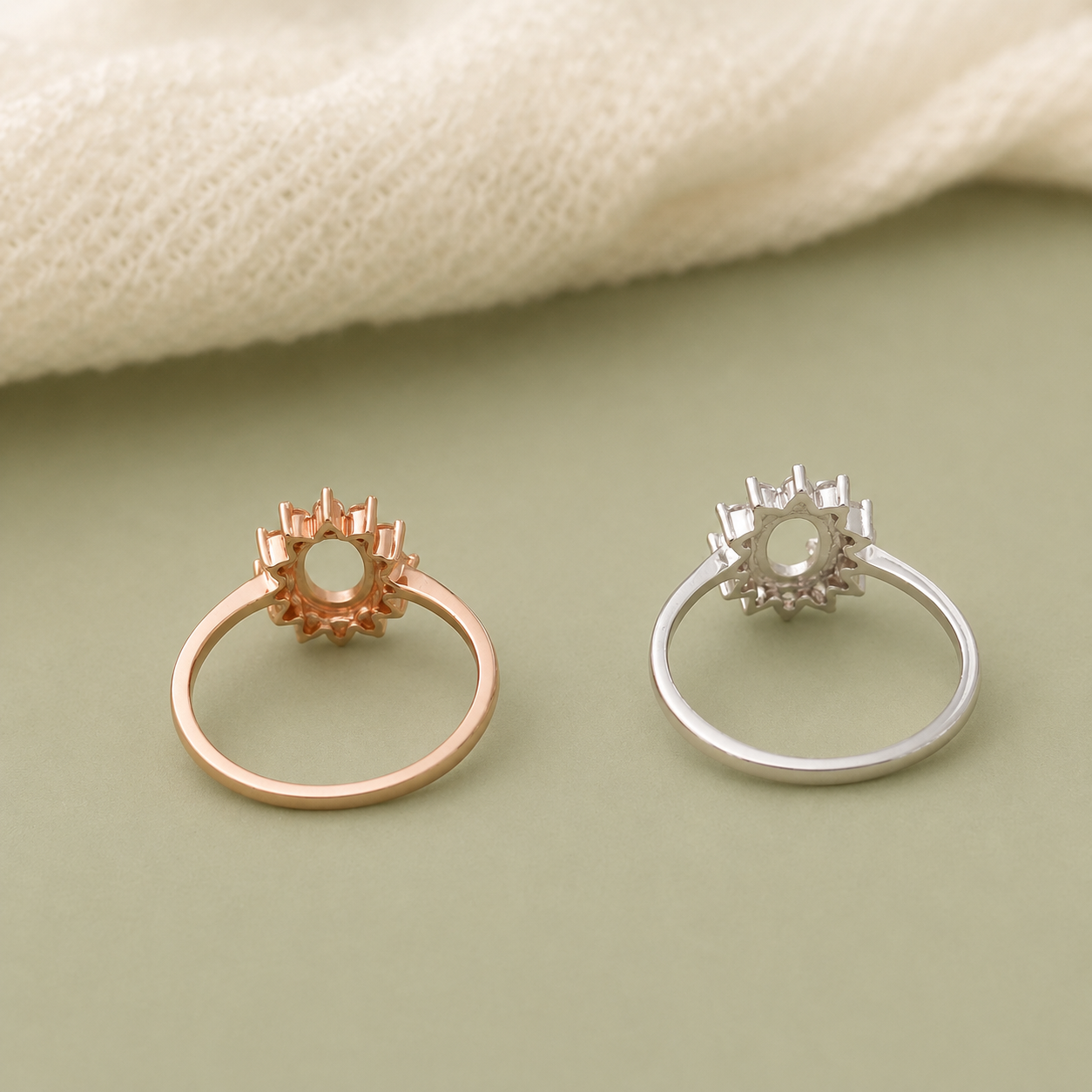 925 Sterling Silver Halo Oval Ring Setting in rose gold and silver – back view showing open oval bezel