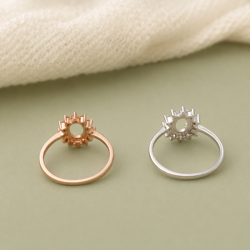925 Sterling Silver Halo Oval Ring Setting in rose gold and silver – back view showing open oval bezel