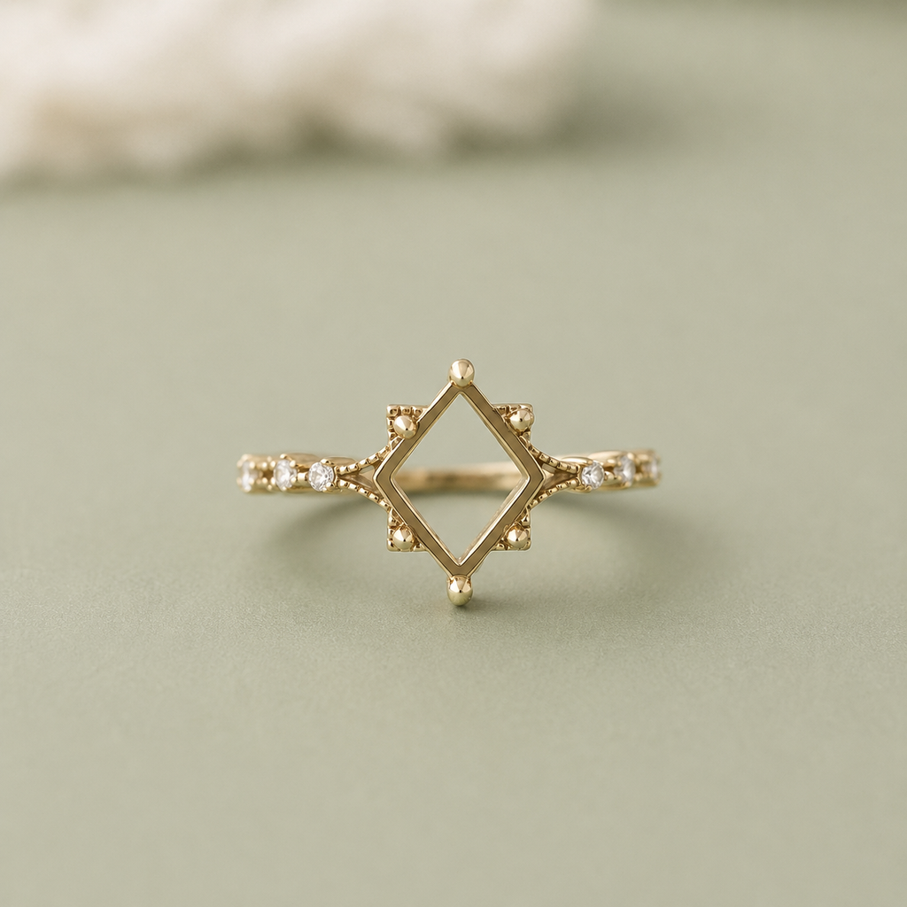 925 Sterling Silver Retro Rhombus Ring Setting in gold – front view