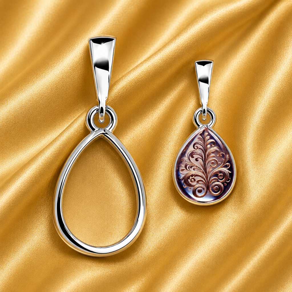Sterling Silver 8x10mm Pear Pendant Blank – Rhodium Plated Open Frame Bezel Cup, DIY Keepsake