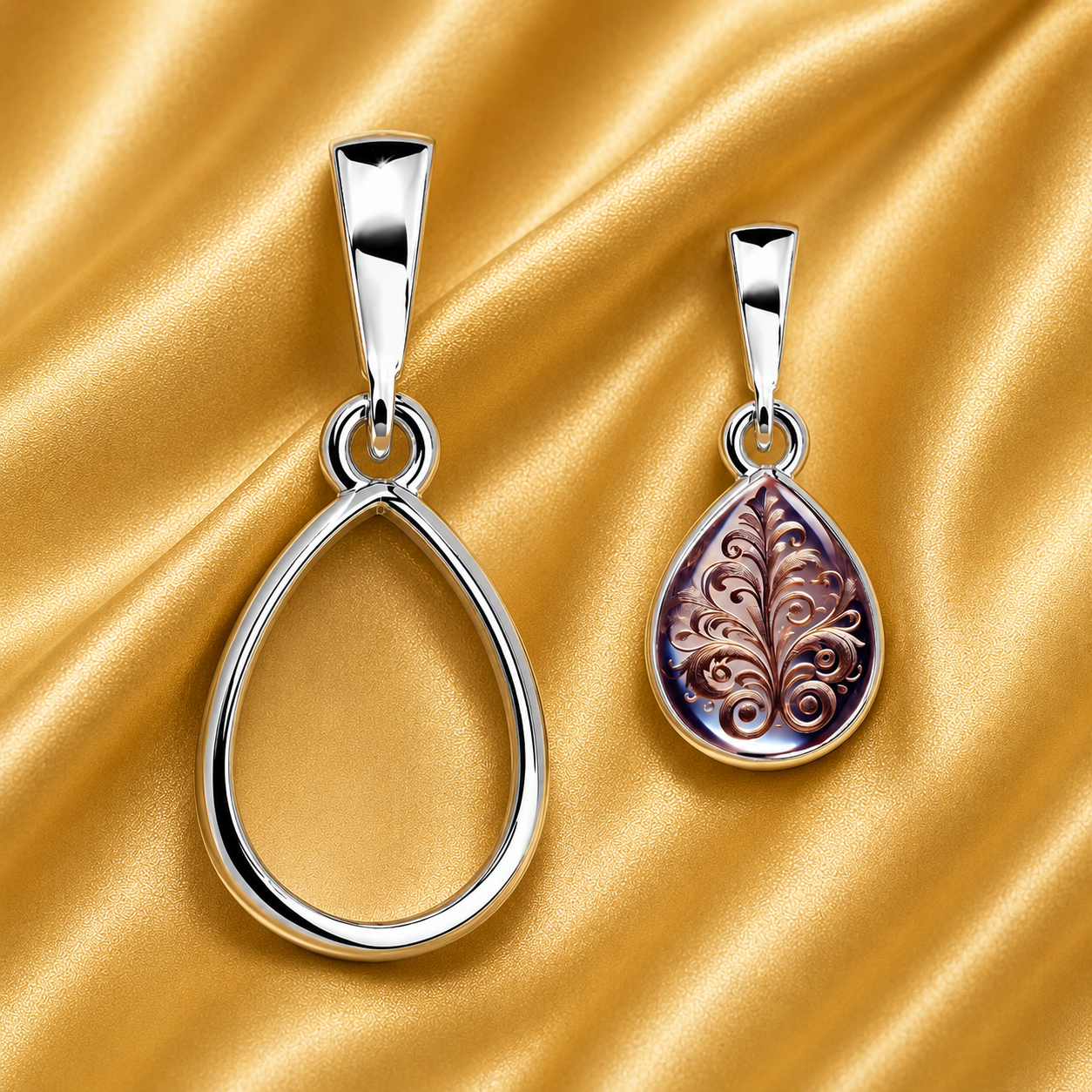 Sterling Silver 8x10mm Pear Pendant Blank – Rhodium Plated Open Frame Bezel Cup, DIY Keepsake